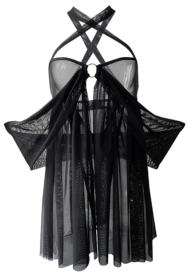 Love Paradise Women Sexy Sheer Criss Cross Tulle Lingerie Dress with Thong