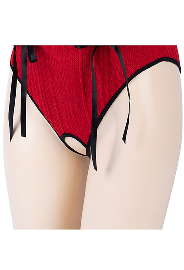 Coeur Allure Women Sexy Red Cutout Backless Bodysuit with Stockings Sleeves Headband