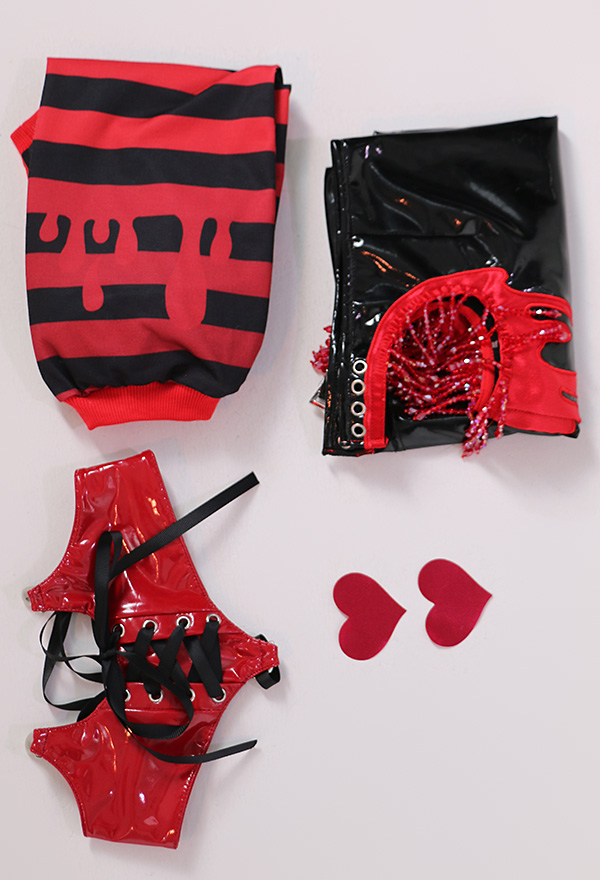 Spoil Me Women Gothic Black Red Stripe Pattern Chest Open Crop Top and Mini Skirt Lingerie Set