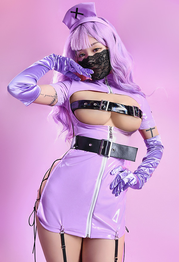 Ur Medi-sin Gothic Sexy Nurse Costume Purple Lace-up Outfit With Belt Lace Mask And Headband