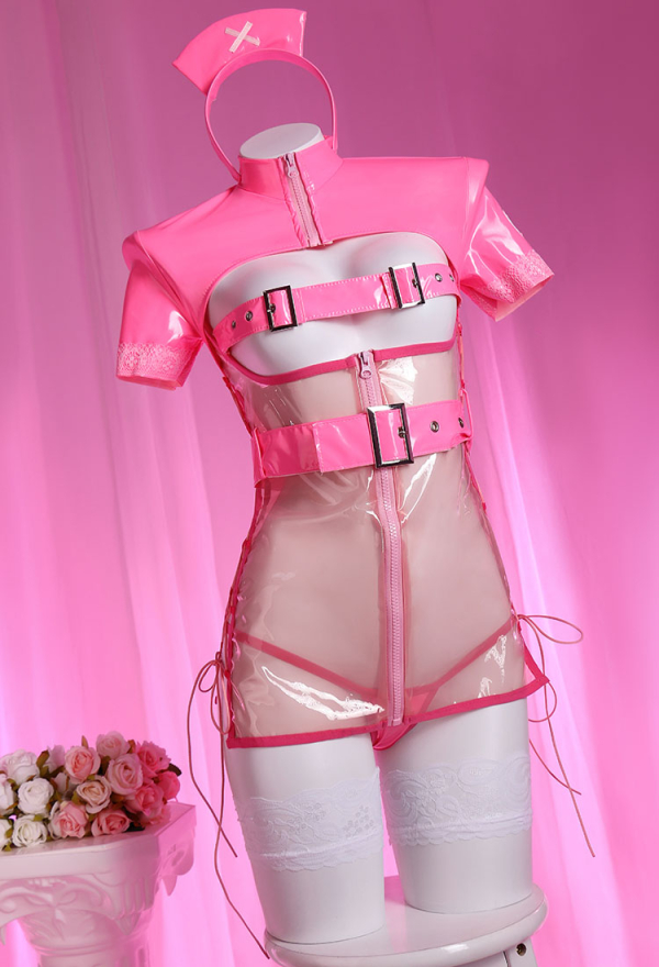 Ur Medi-sin Gothic Sexy Nurse Costume Pink Sheer Lace-up Outfit With Belt Lace Mask And Headband