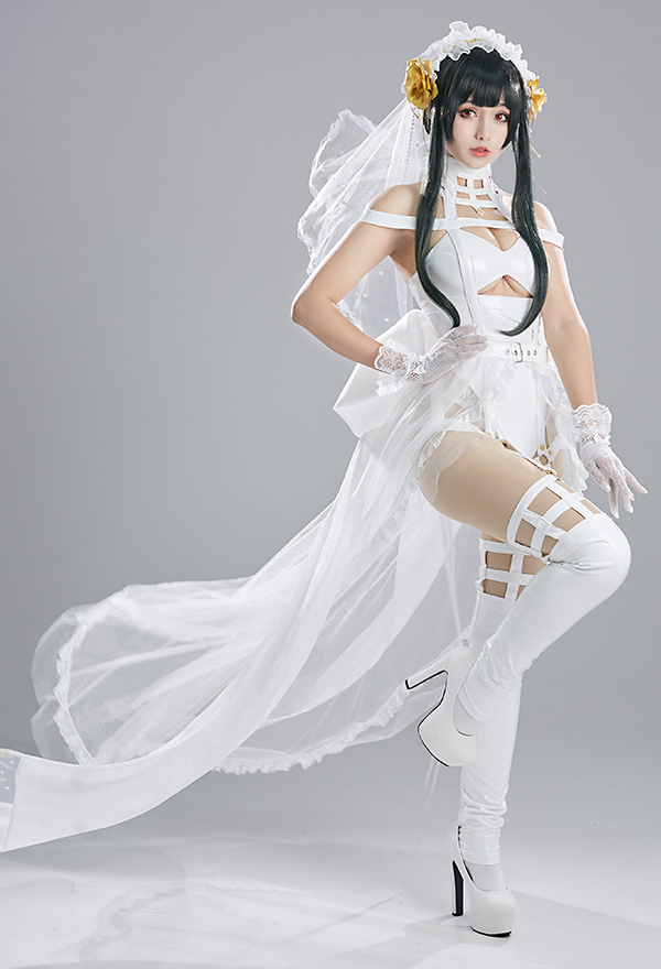 Yor Women Gothic Sexy White Halter Cutout Big Bowknot Decorated PU Bodysuit