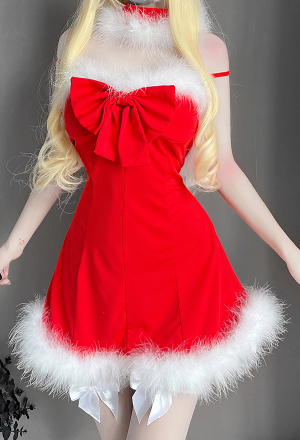 Women Sexy Red Christmas Backless Plush Lingerie Dress