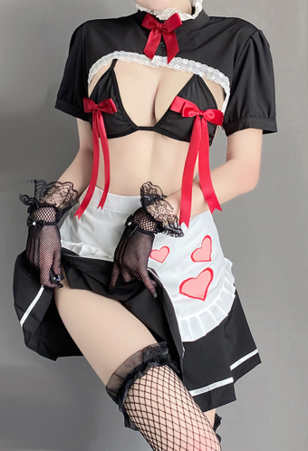 Women Gothic Kawaii Maid Chest Open Red Bowknot Decorated Lingerie Set
