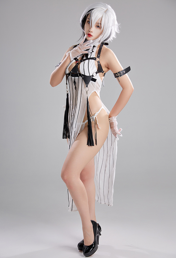 Urge To Love Women Gothi Gothic Sexy Black White Stripe Pattern Cheongsam Style High Slit Lingerie Dress