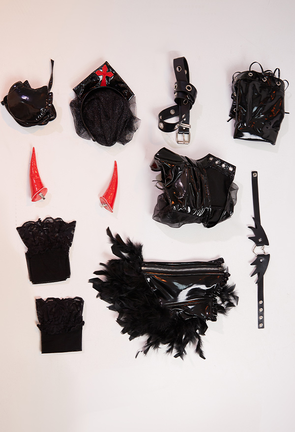 Power of Desire Women Gothic Black Cutout Cat Shape Bra Leather Corset Lingerie Set