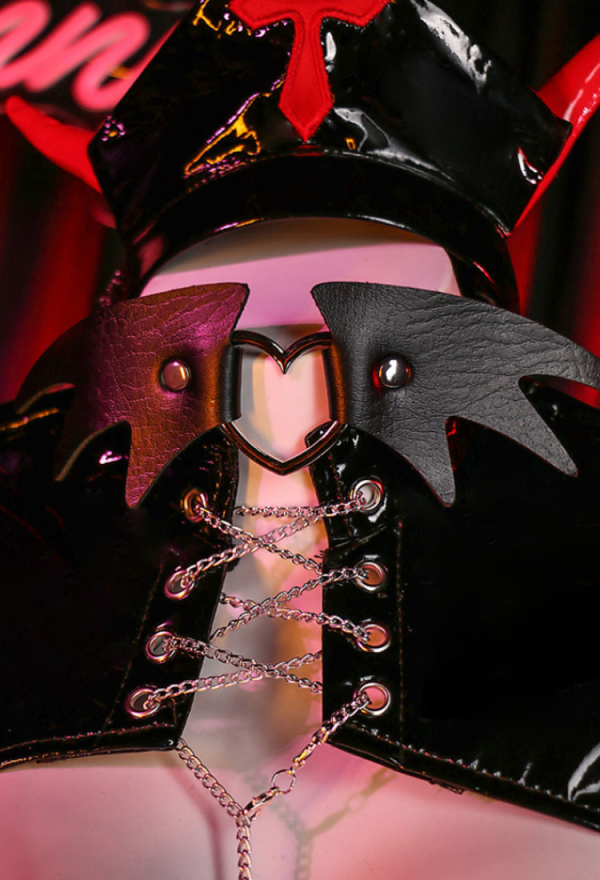 Power of Desire Women Gothic Black Cutout Cat Shape Bra Leather Corset Lingerie Set