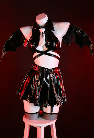 Power of Desire Women Gothic Black PU Devil Wings Halter Chest Open Top and Skirt Makima Lingerie Set