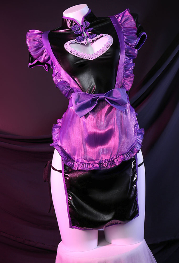 Call me Baby Women Gothic Sexy Cheongsam Style Black Purple Heart-Shaped Cutout Lingerie Dress