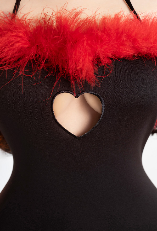 Kiss Tonight Women Sexy Black Red Furry Hollow Halter Lingerie Dress