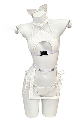 Cyber Illusion Women Gothic White PU Leather Cutout Lingerie Set