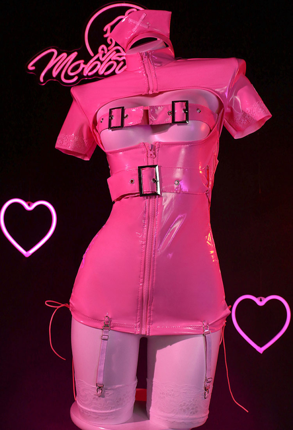 Ur Medi-sin Gothic Sexy Nurse Costume Pink Lace-up Outfit With Belt Lace Mask And Headband