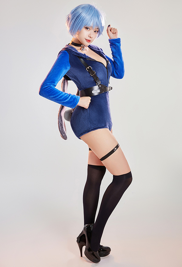 Bunny Officer Kawaii Blue Long Sleeve Zipper Jumpsuit Romper with Choker Belt and Tail
