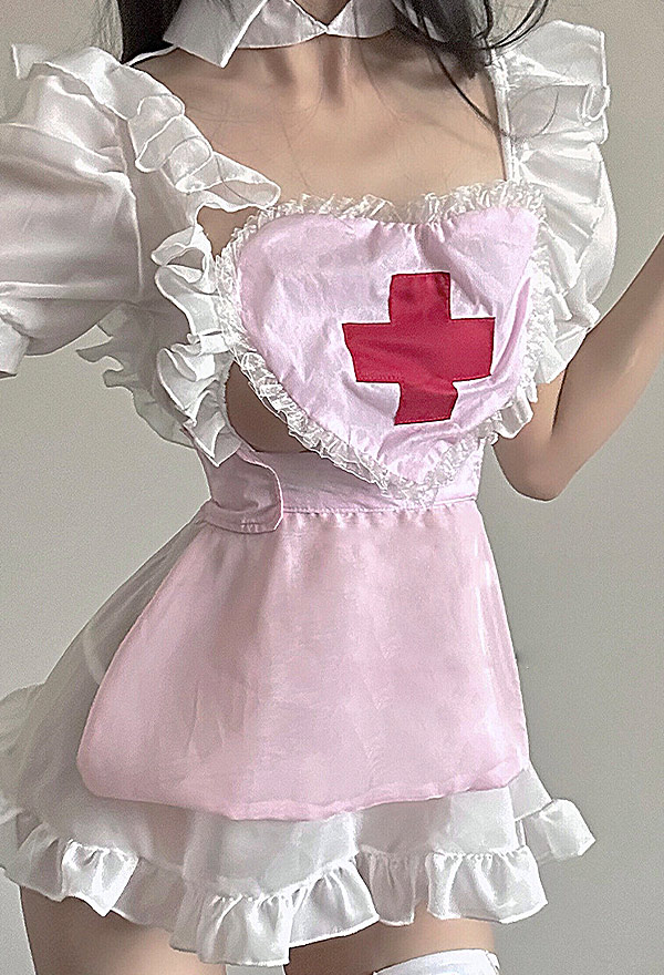 Ur Medi-sin Women Sexy Pink Nurse Style Sheer Short Puff Sleeves Lingerie Dress