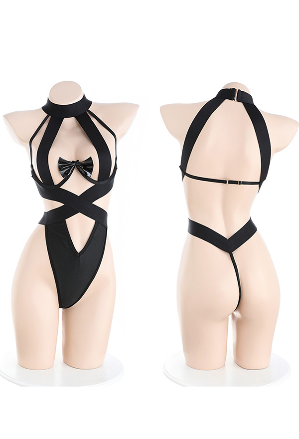 Lust Driven Women Gothic Black Halter Cutout Bandage Bodysuit