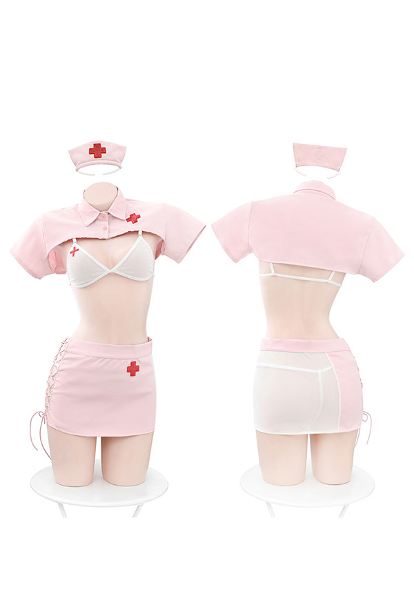 Ur Medi-sin Women Gothic Sexy Nurse Style Pink Sheer Crop Top and Hip Skirt Lingerie Set