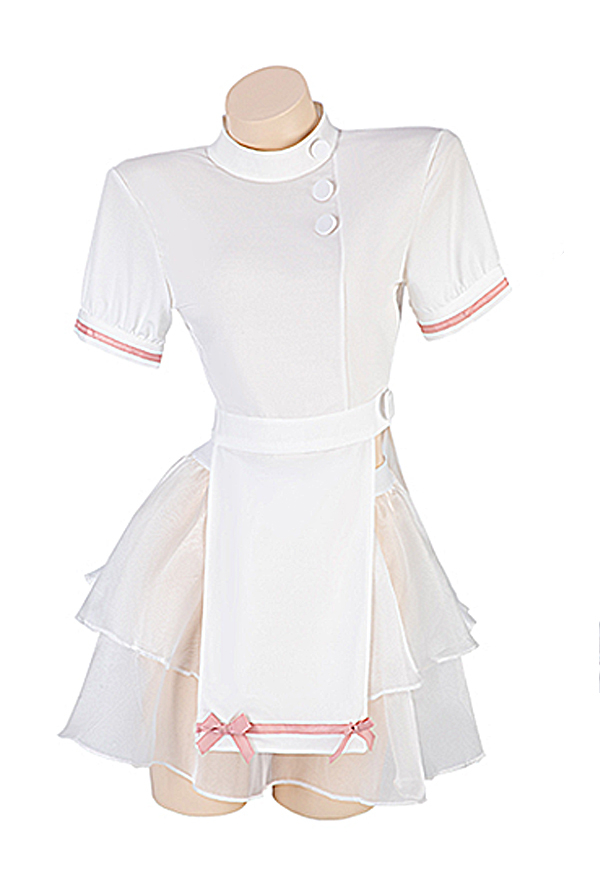 Women Sexy White Nurse Uniform Style Backless Top and Short Puff Skirt