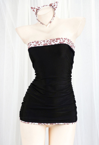 Wild Kitten Women Gothic Black Strapless Pink Leopard Patteb Hem Bodycon Tube Mini Dress