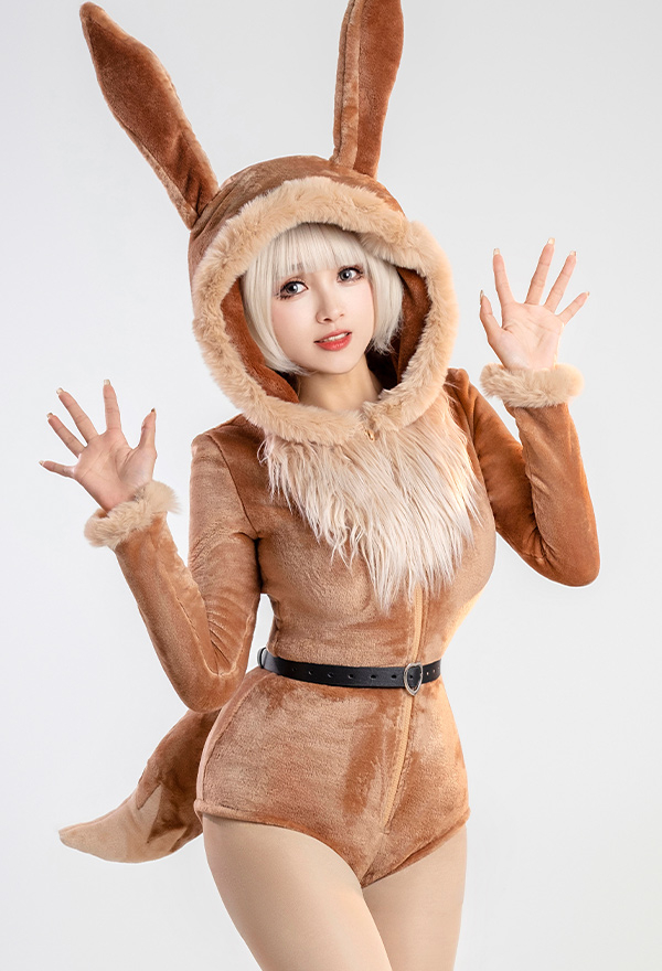 Sexy Brown Plush Fluffy Hooded Deep V Sexy Romper with Belt and Tail