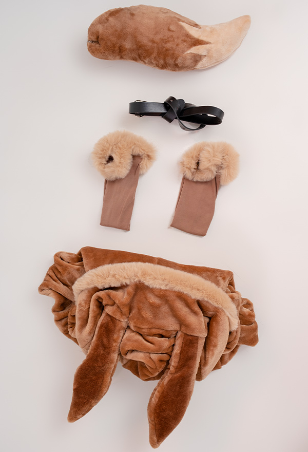Sexy Brown Plush Fluffy Hooded Deep V Sexy Romper with Belt and Tail