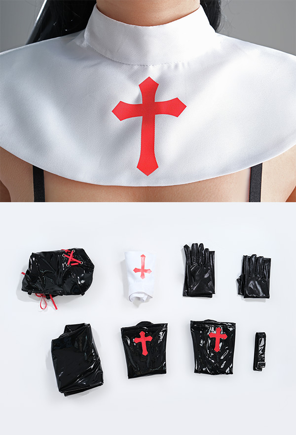 HOLY LOVE Gothic Devil Ghost Nun Sexy Uniform Black Red PU Leather Front Lace-up Bodysuit with Headwear and Gloves