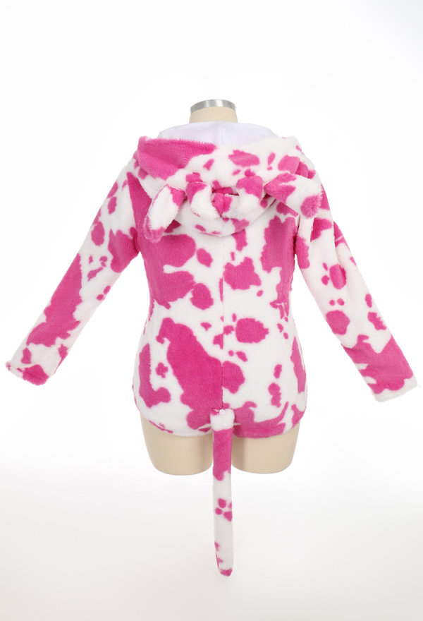 Plus Size Women Sexy White Pink Cow Print Hooded Pajama Bodysuit