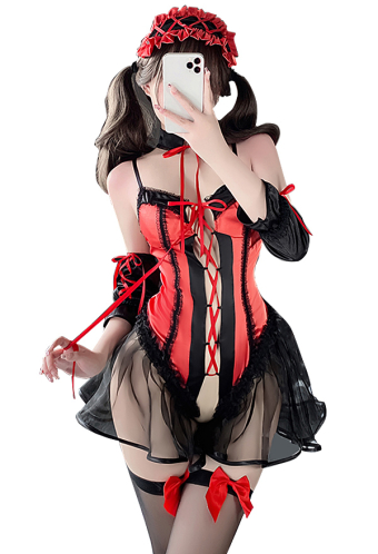 Devilicious Lover Women Gothic Red Black Lace-up Sheer Lace Hem Bodysuit
