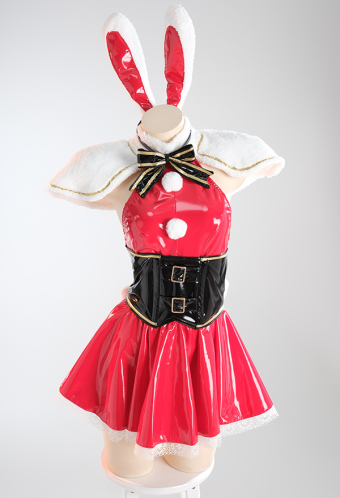 Xmas Bunny Women Christmas Gothic Red Shiny PU Halter Backless Plush Hem Dress