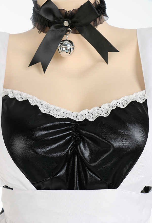 Love Serve Women Gothic Black Shiny High Slit Maid Uniform Lingerie Set