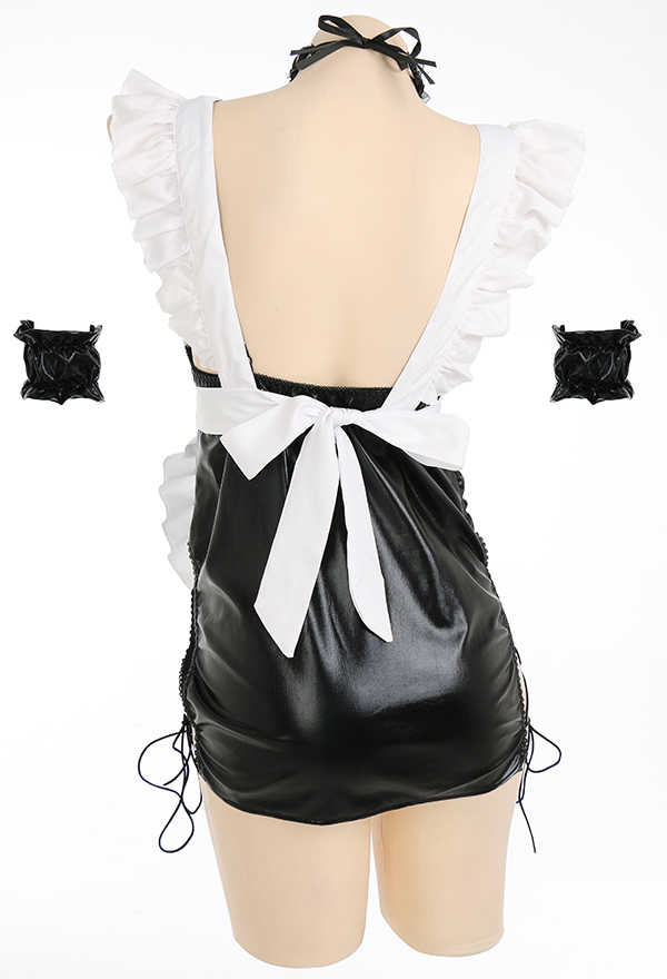 Love Serve Women Gothic Black Shiny High Slit Maid Uniform Lingerie Set