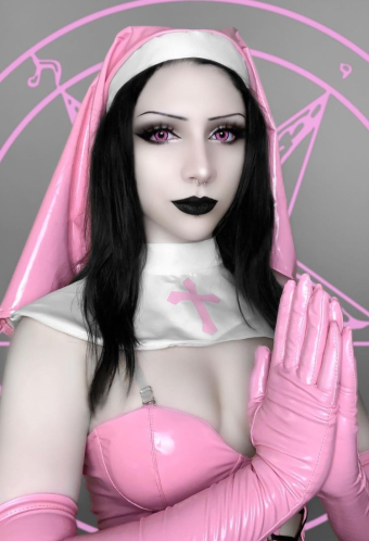 HOLY LOVE Gothic Devil Ghost Nun Sexy Uniform Pink PU Leather Front Lace-up Bodysuit with Headwear and Gloves