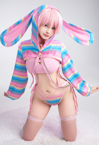 Rainbow Baby Rainbow Bunny Ear Long Sleeve Top and Vest Panty Sexy Lingerie Set with Fishnet Stockings and Chains