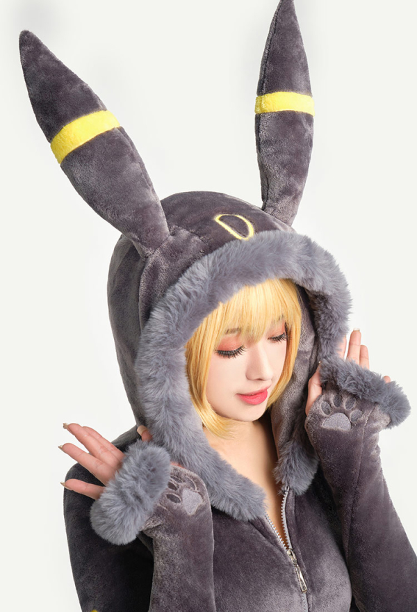 Moonlight Fox Dark Gray Sexy Romper Bodysuit Plush Hooded and Socks with Belt and Tail