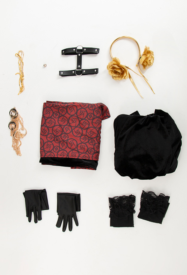 SPY House Sexy Black Backless Chain High Slit Velvet Dress and Gloves Shawl Set with Accessories