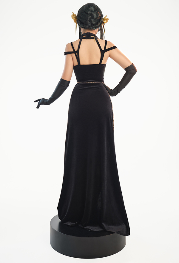 SPY House Sexy Black Backless Chain High Slit Velvet Dress and Gloves Shawl Set with Accessories