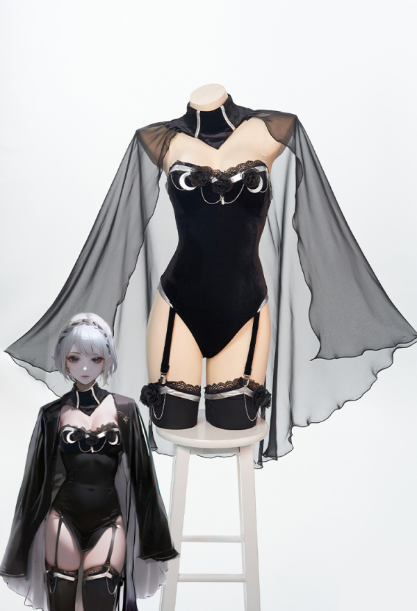 Love Poetry Sexy Black Rose Decoration Sexy Lace Lingerie with Cloak and Stocking
