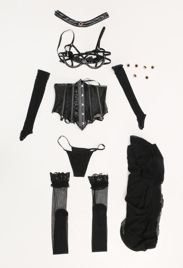 Dark Bat Sexy Black Bat Wing Decoration Lingerie Set Corset and Thong with Choker and Thigh Socks