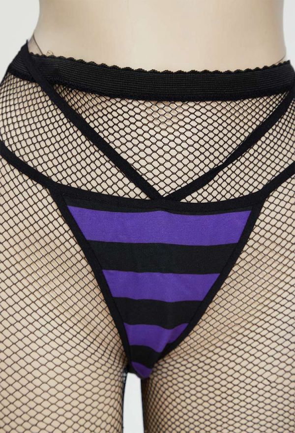 Devil Delight Gothic Sexy Purple Striped Lingerie Set Transparent Bra and Panty Set with Fishnet Stockings