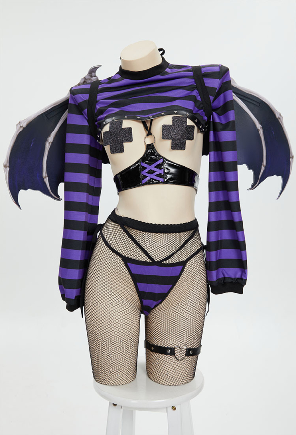 Devil Delight Gothic Sexy Purple Striped Lingerie Set Transparent Bra and Panty Set with Fishnet Stockings