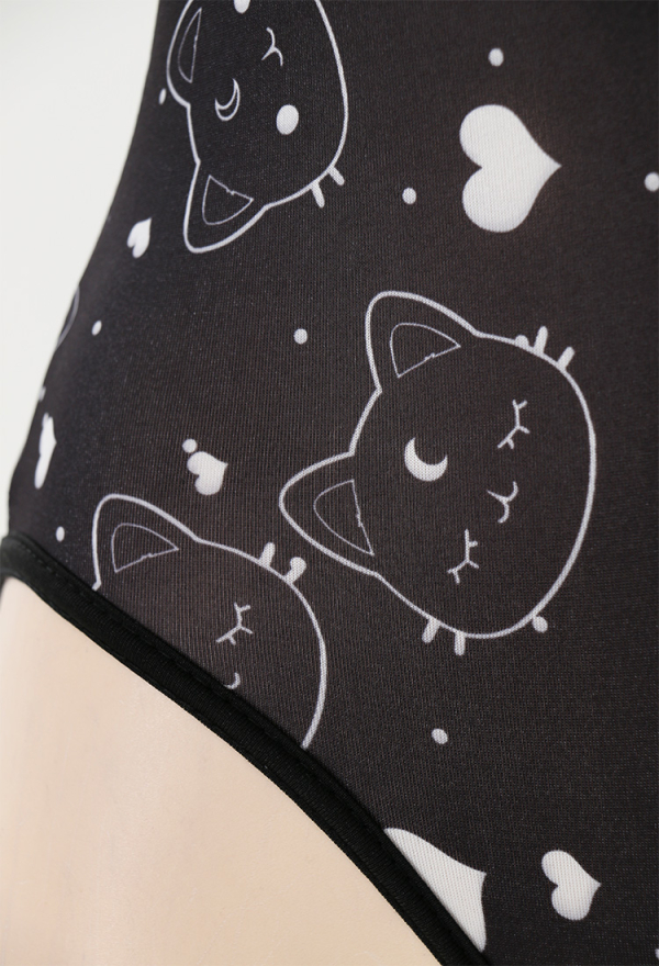 Cute Black Cat and Heart Print Bodysuit