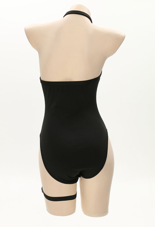 Exclusive Love Halter One Piece Bodysuit Heart-shaped Cutout Chest Design Bodysuit with Leg Ring