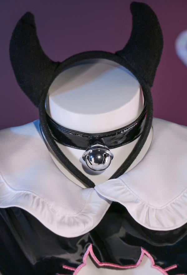 Devil Cat Sexy Black White Maid Costume Shiny PU Dress and Paw Embroidery Apron Choker Headband