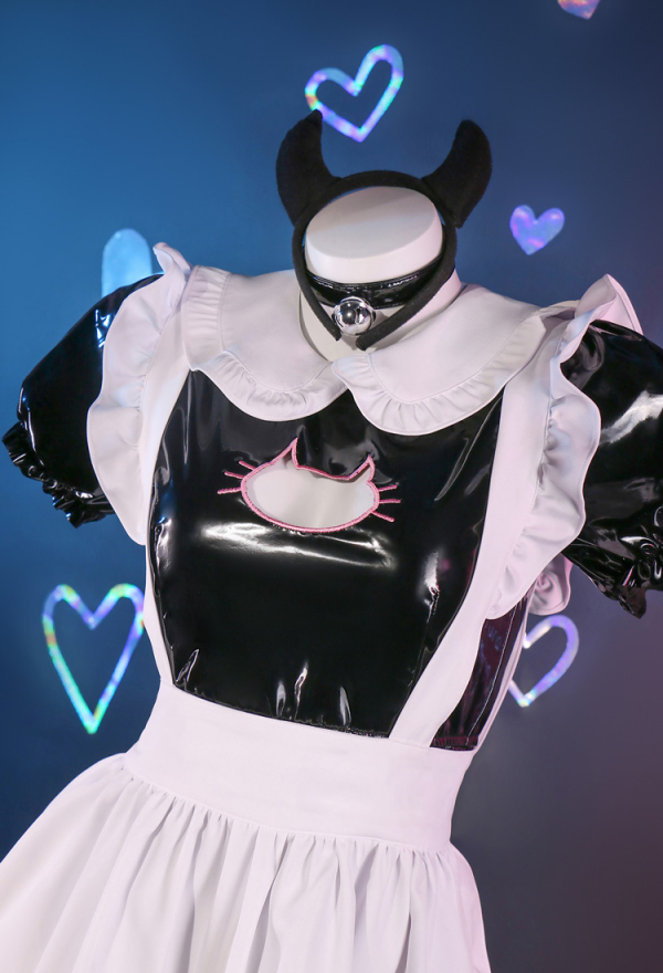 Devil Cat Sexy Black White Maid Costume Shiny PU Dress and Paw Embroidery Apron Choker Headband