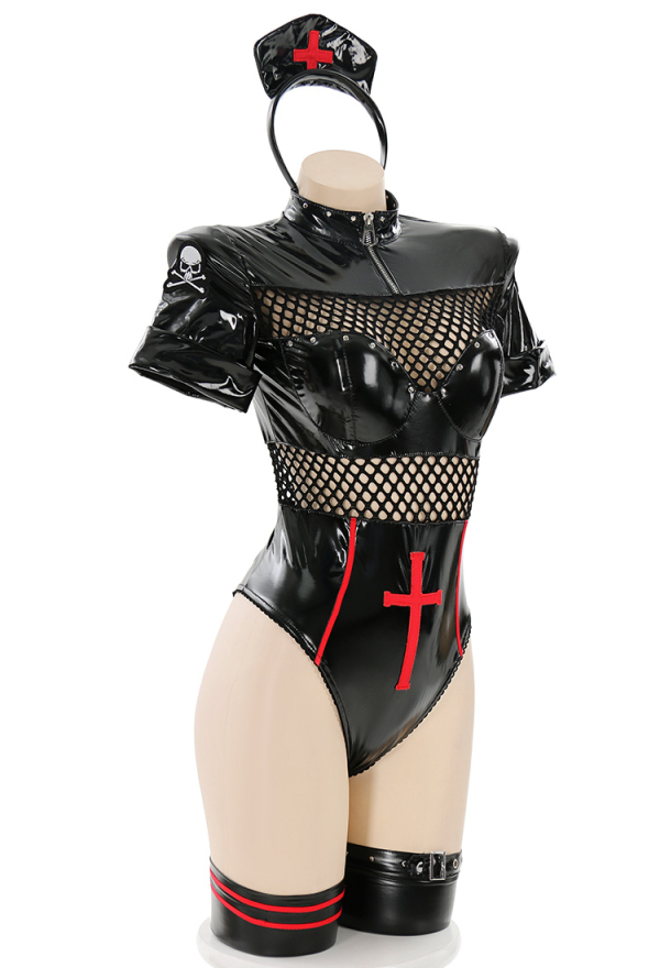 FALLEN ANGEL Gothic Temptation Nurse Uniform Sexy Style Blackred Mesh Cross Pattern Bodysuit with Gloves and Hat