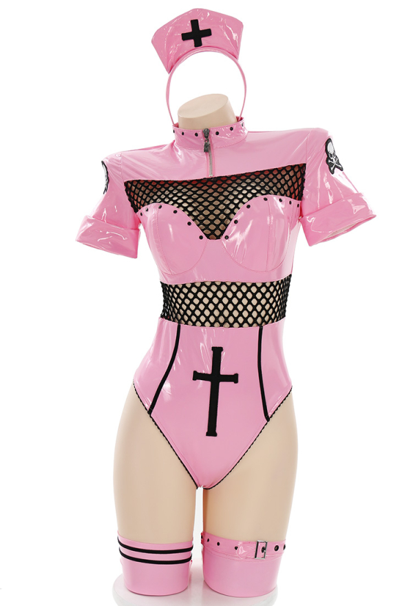 FALLEN ANGEL Gothic Temptation Nurse Uniform Sexy Style Pink Mesh Cross Pattern Bodysuit with Gloves and Hat