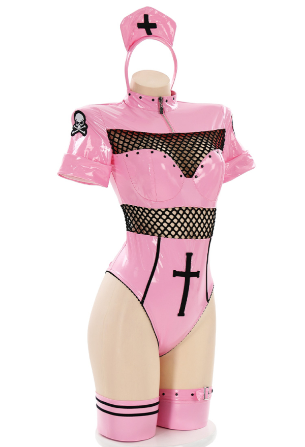 FALLEN ANGEL Gothic Temptation Nurse Uniform Sexy Style Pink Mesh Cross Pattern Bodysuit with Gloves and Hat