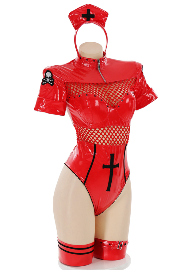 FALLEN ANGEL Gothic Temptation Nurse Uniform Sexy Style Red Mesh Cross Pattern Bodysuit with Gloves and Hat