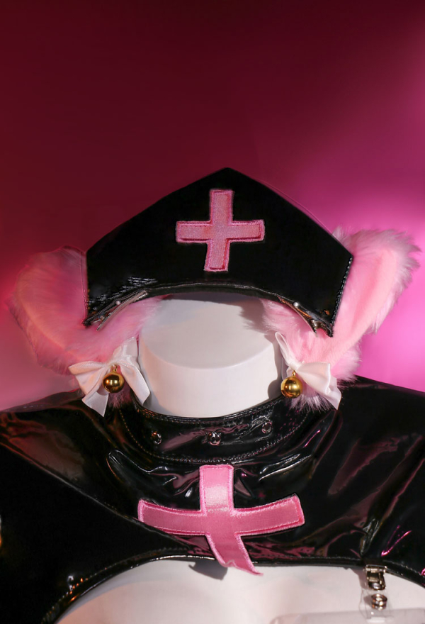 Cat Nurse Sexy Black Pink Cutout Lingerie Set Top and Panty with Detachable Paws and Thigh Socks