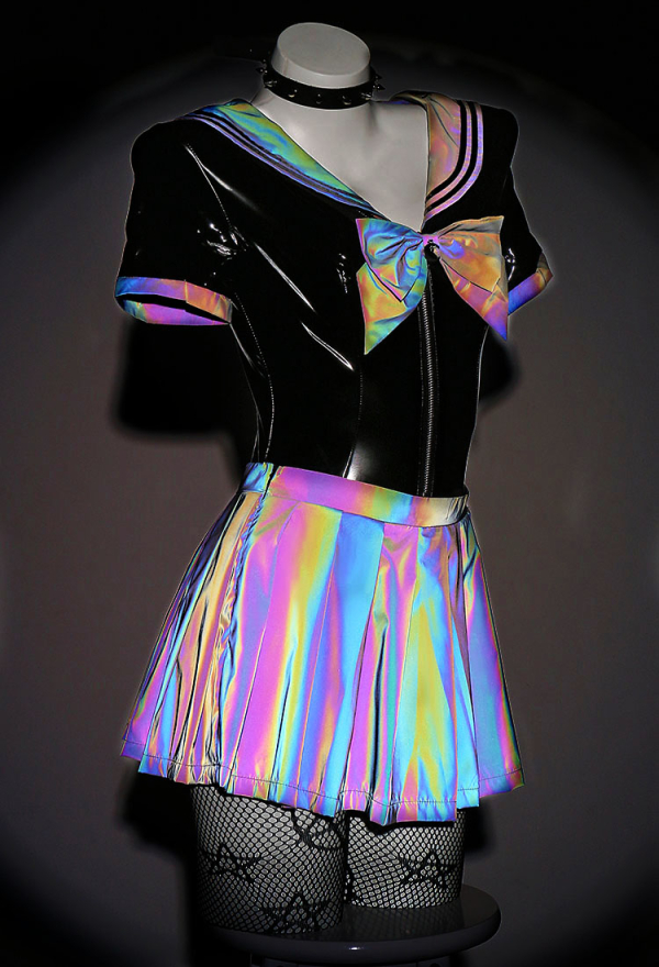 PRISM WAVE Sexy Black Reflective Laser Leather Sailor Costume Set with Collar Stockings