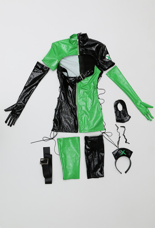 Green Menace Gothic Black and Green Nurse Uniform Style Dress and Gloves with Thigh Socks and Mask